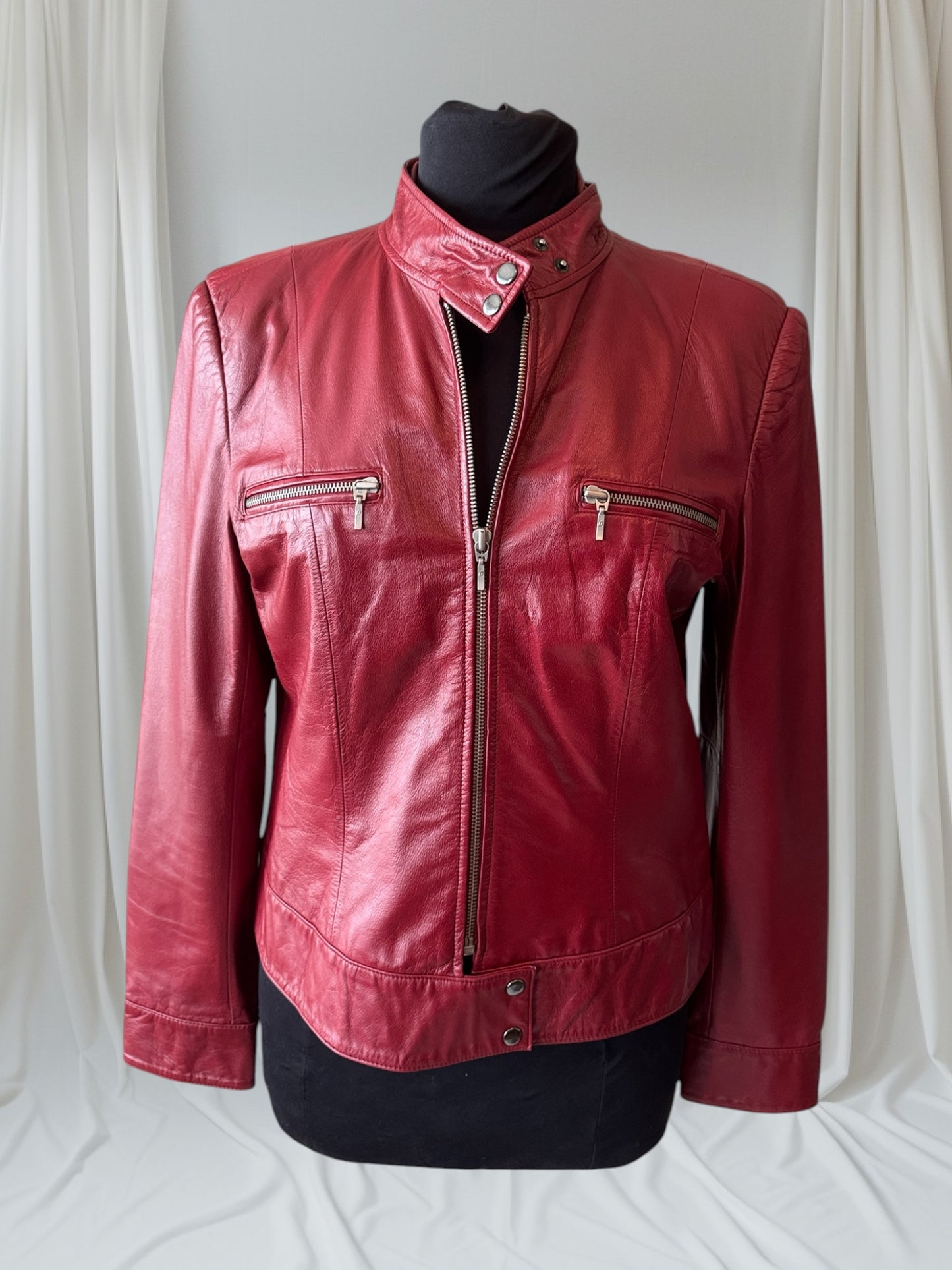 Womens's Dark Red Leather Vintage Cafe Racer Jacket, Size M