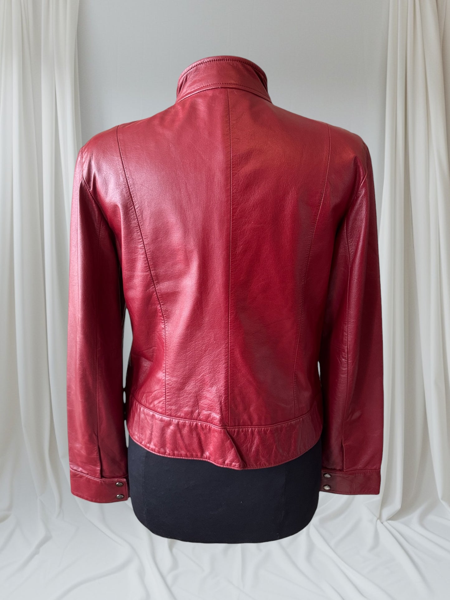 Womens's Dark Red Leather Vintage Cafe Racer Jacket, Size M