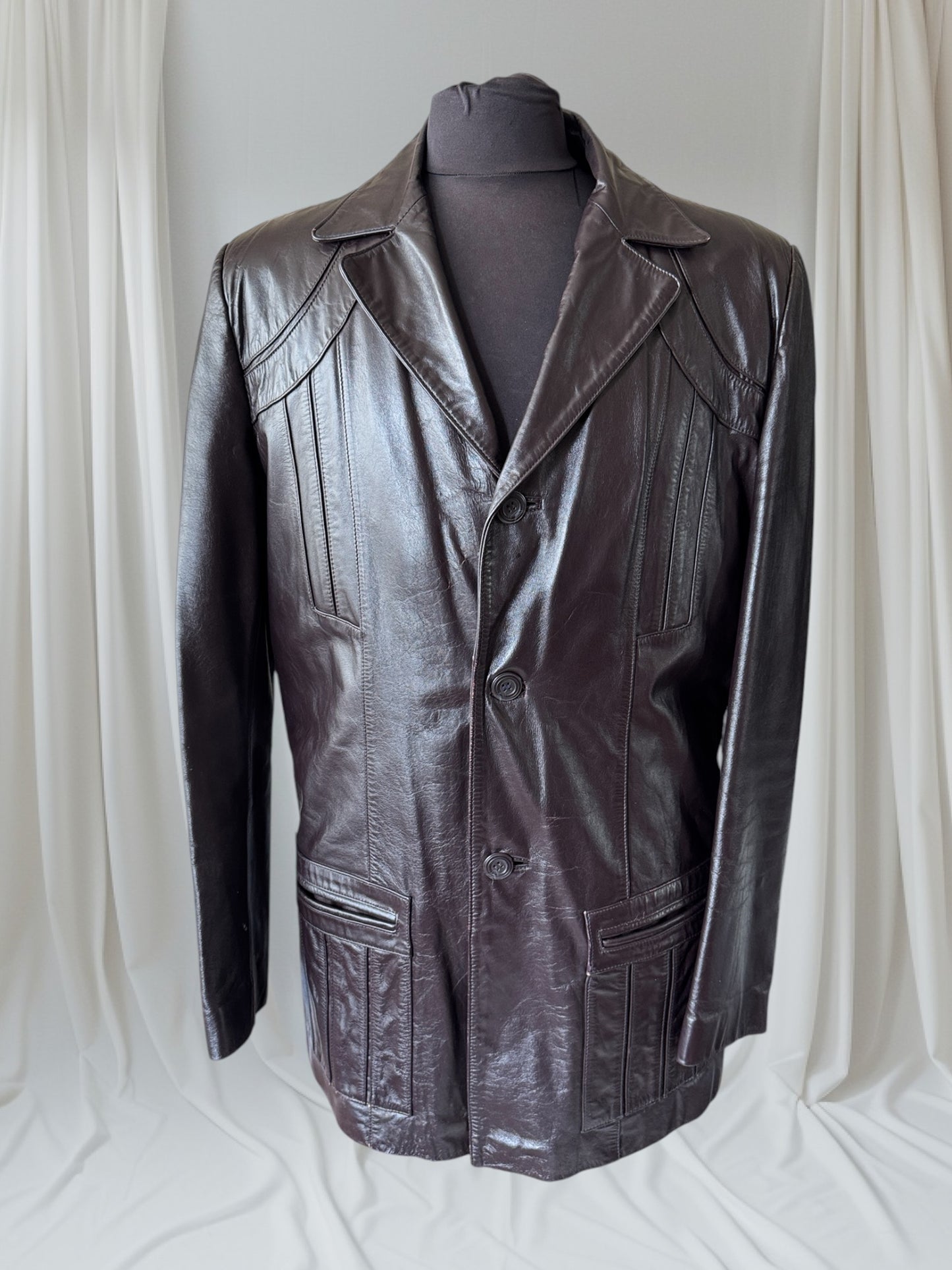 Men's 1970's Dark Brown Vintage Leather Jacket, L 42