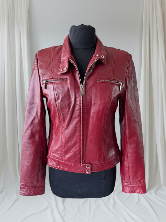Women's Red Leather Vintage Cafe Racer Jacket, Size S