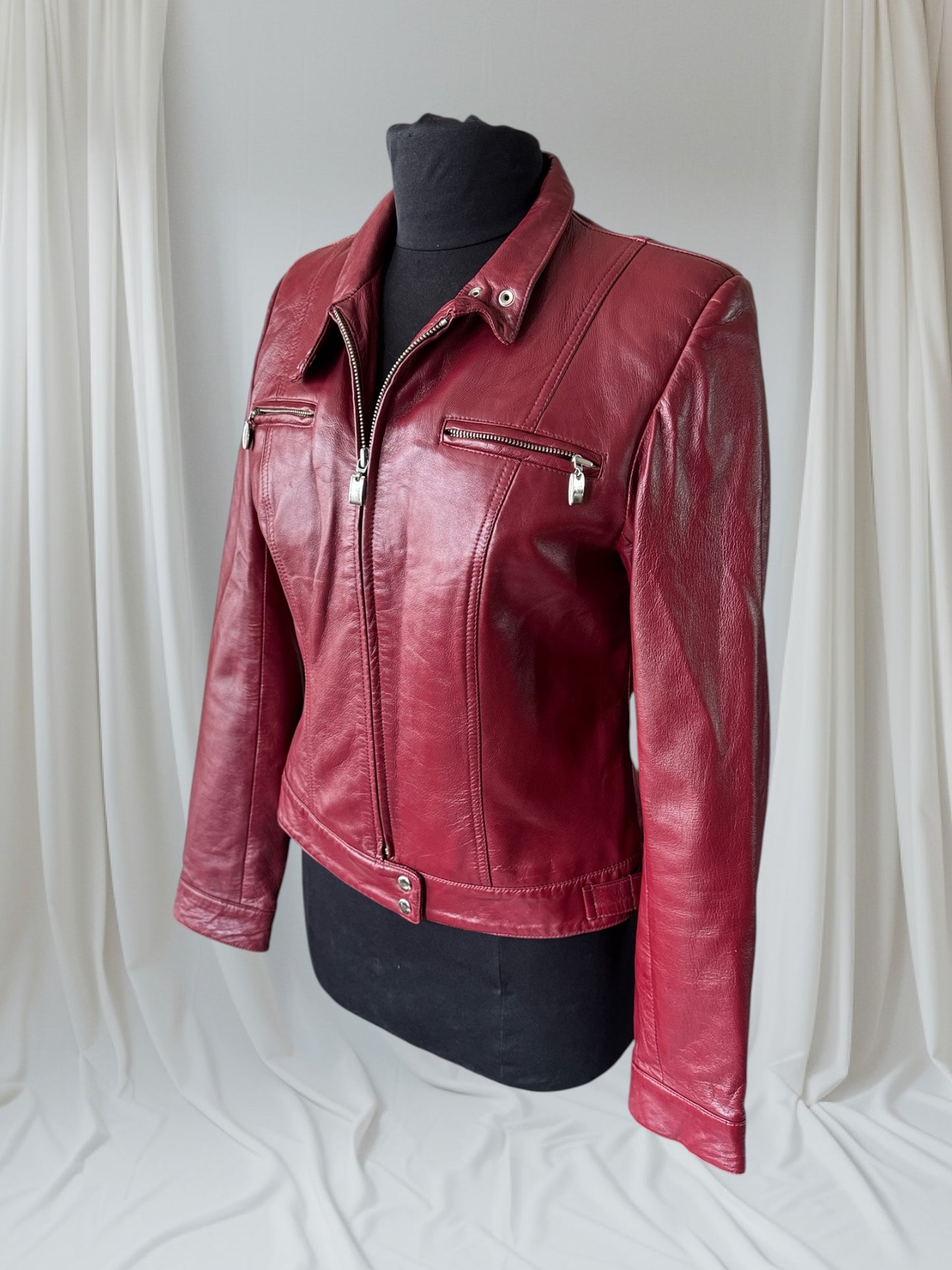 Women's Red Leather Vintage Cafe Racer Jacket, Size S