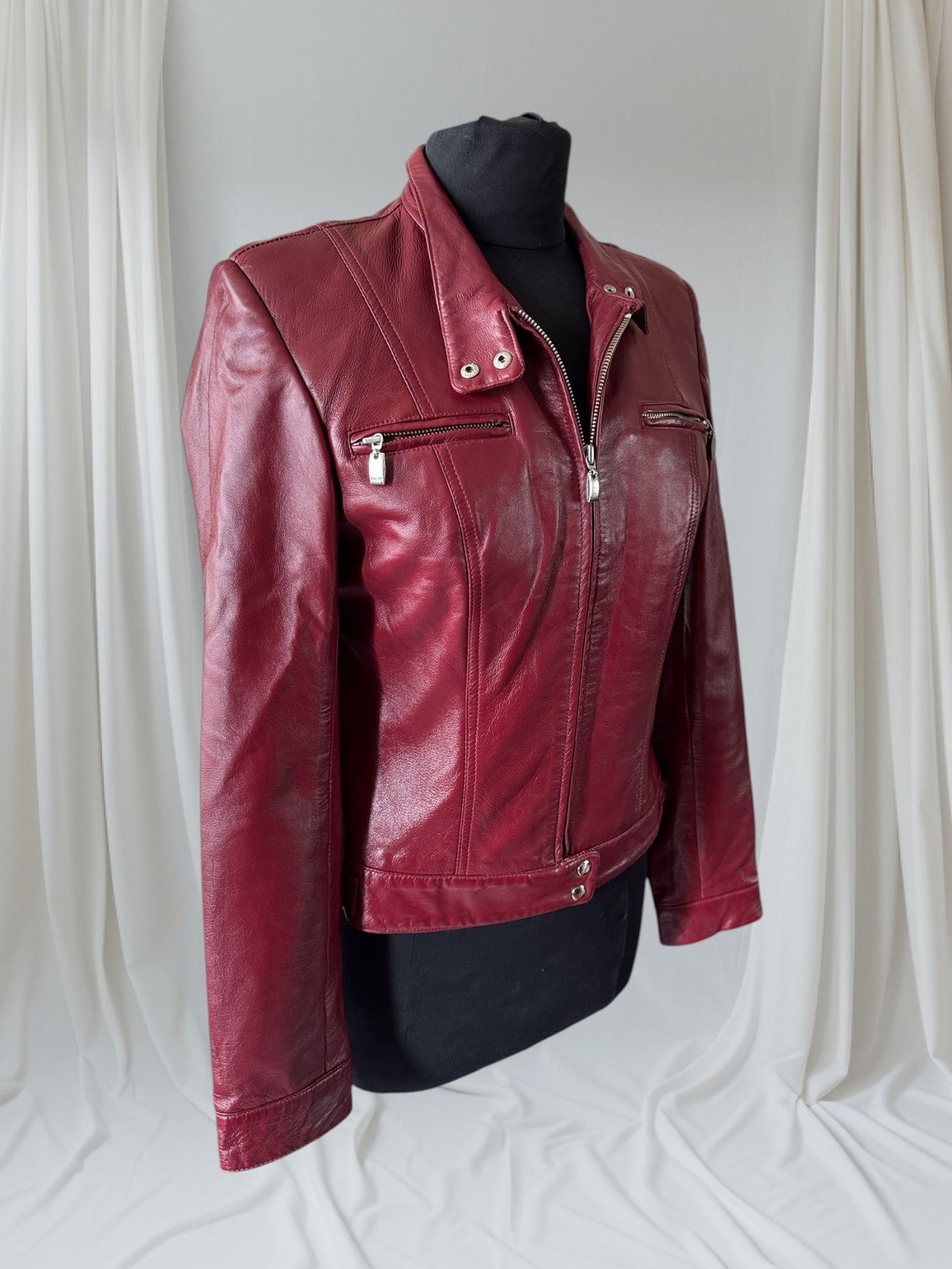 Women's Red Leather Vintage Cafe Racer Jacket, Size S