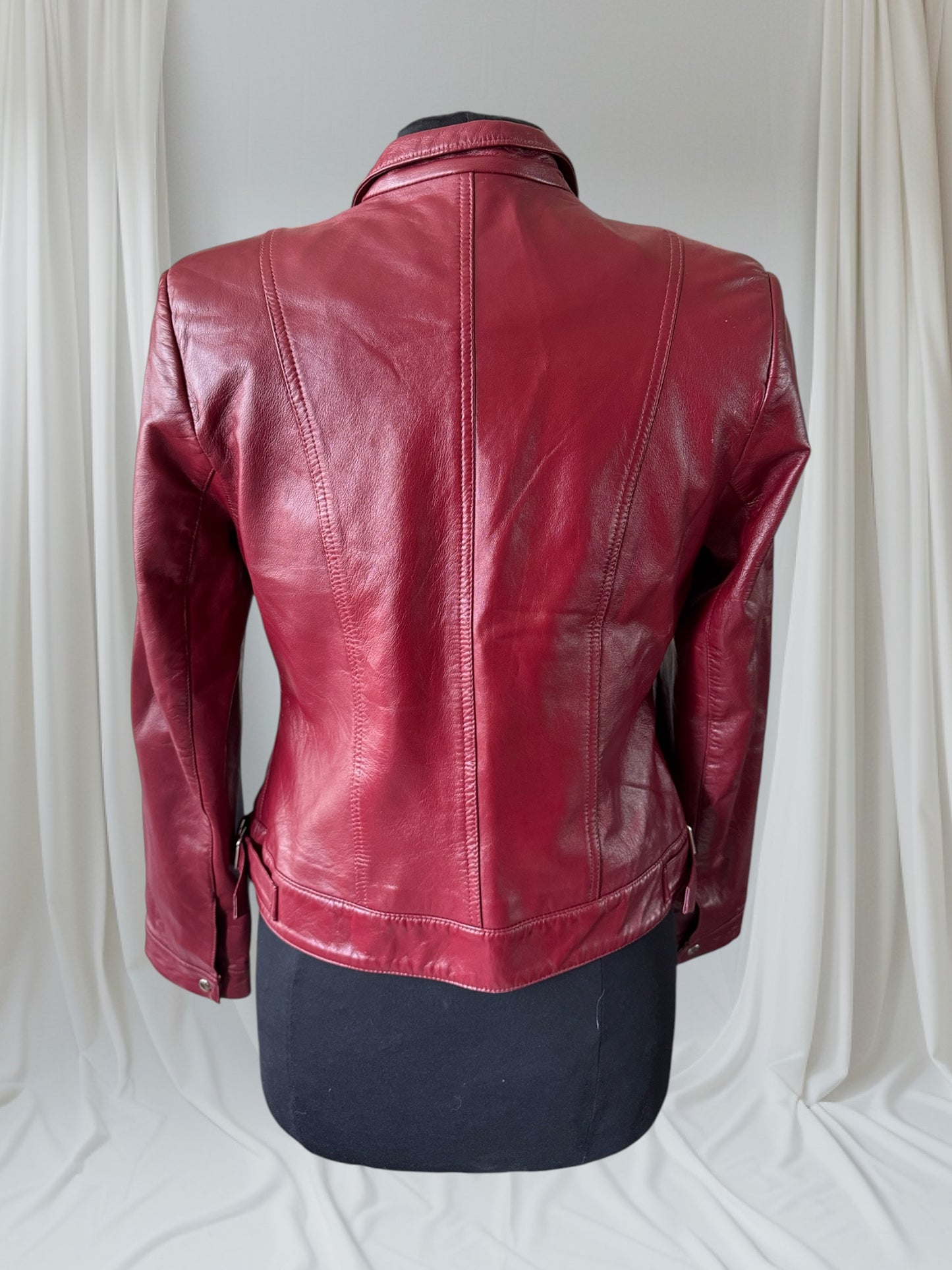 Women's Red Leather Vintage Cafe Racer Jacket, Size S