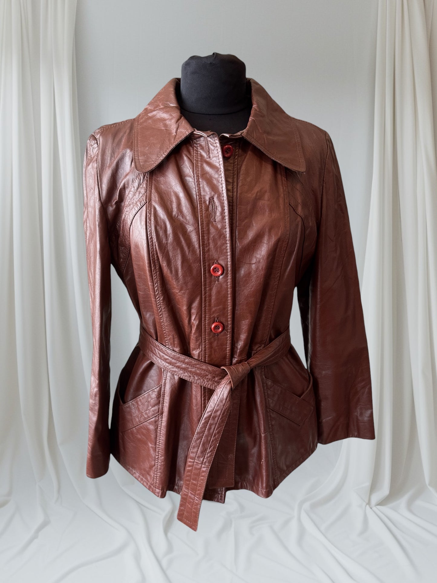 Women's 1970's Brown Vintage Leather Trench Coat, M