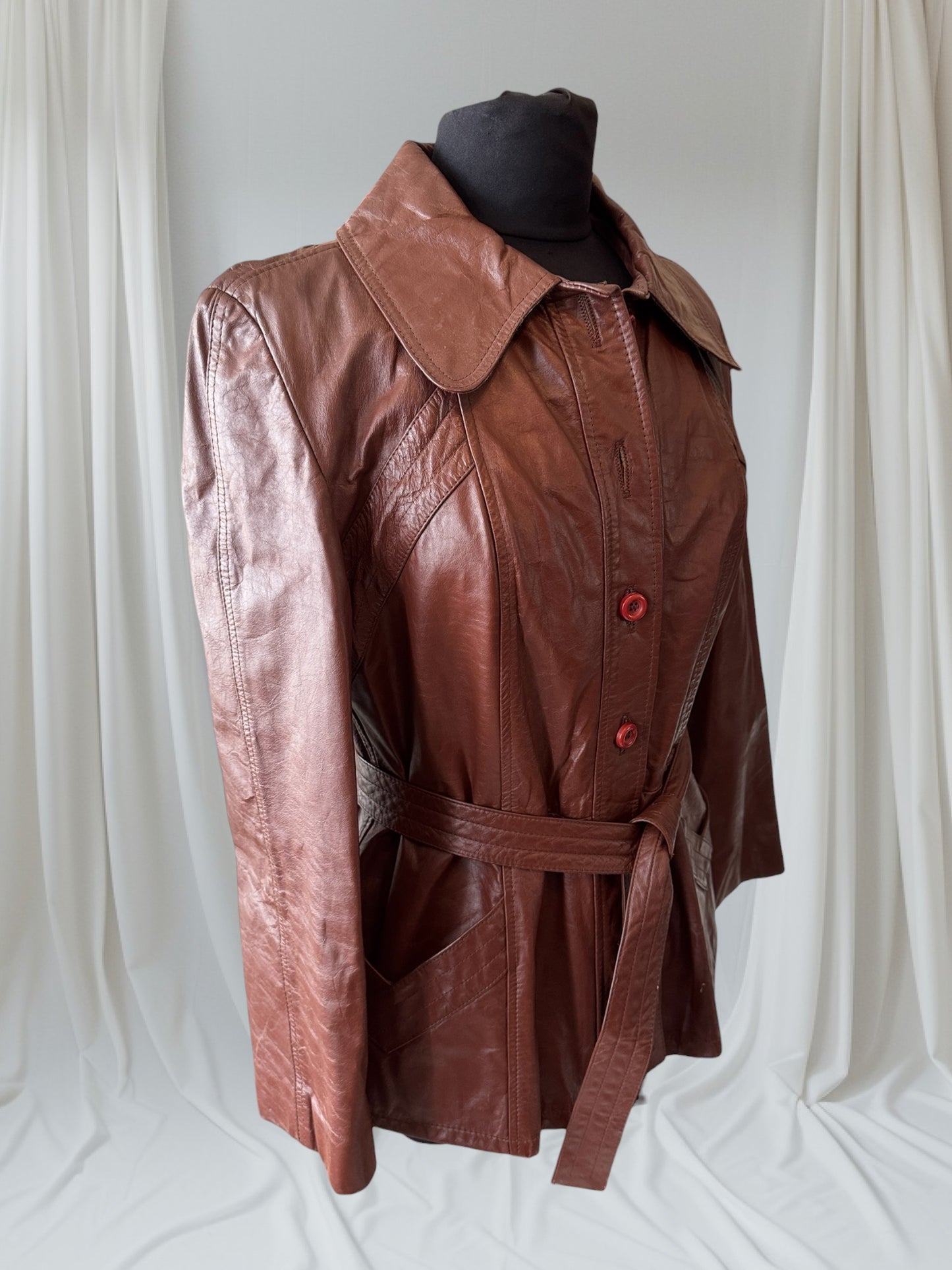 Women's 1970's Brown Vintage Leather Trench Coat, M