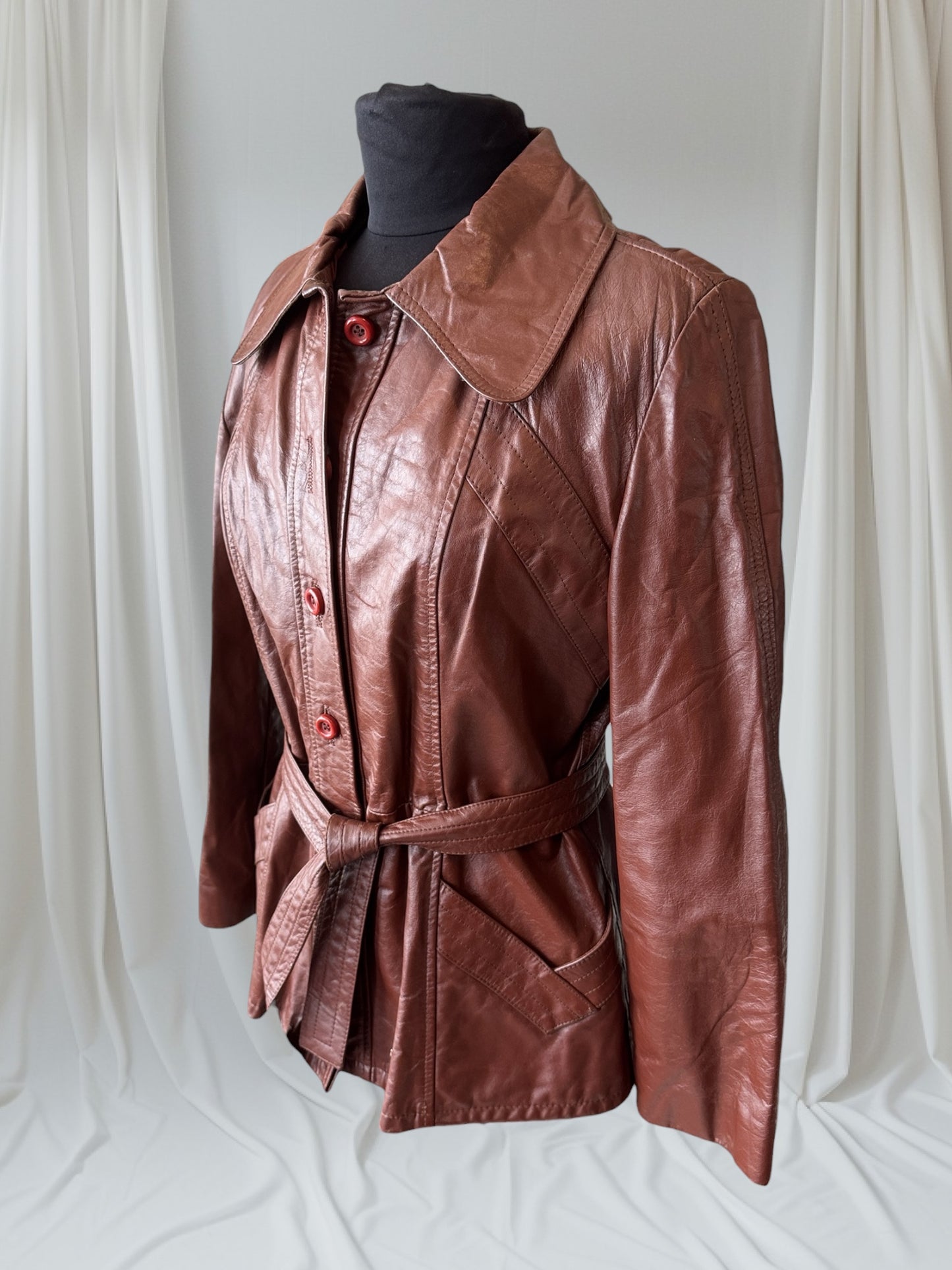 Women's 1970's Brown Vintage Leather Trench Coat, M
