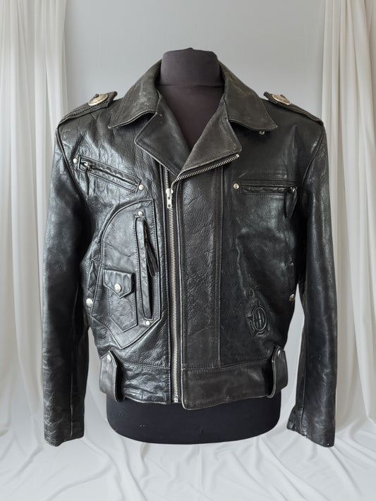 Men's Vintage Black Leather Motorcycle Jacket, M