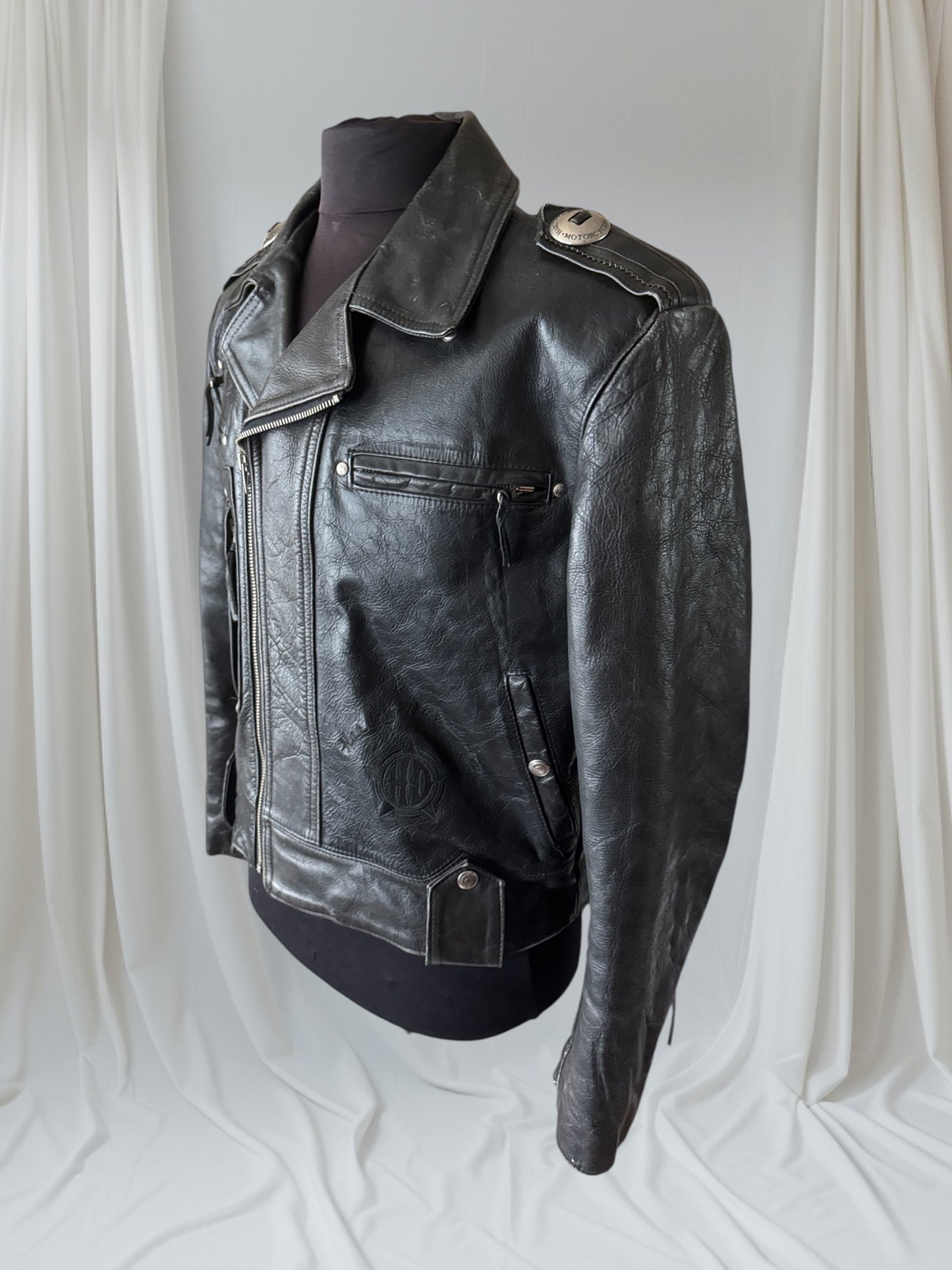 Men's Vintage Black Leather Motorcycle Jacket, M