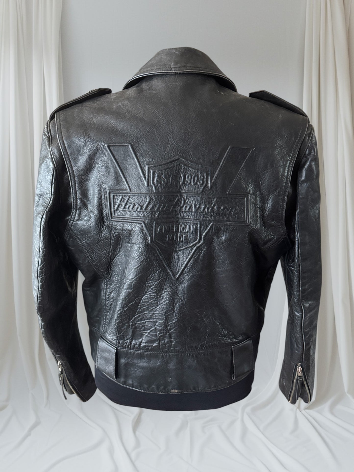 Men's Vintage Black Leather Motorcycle Jacket, M