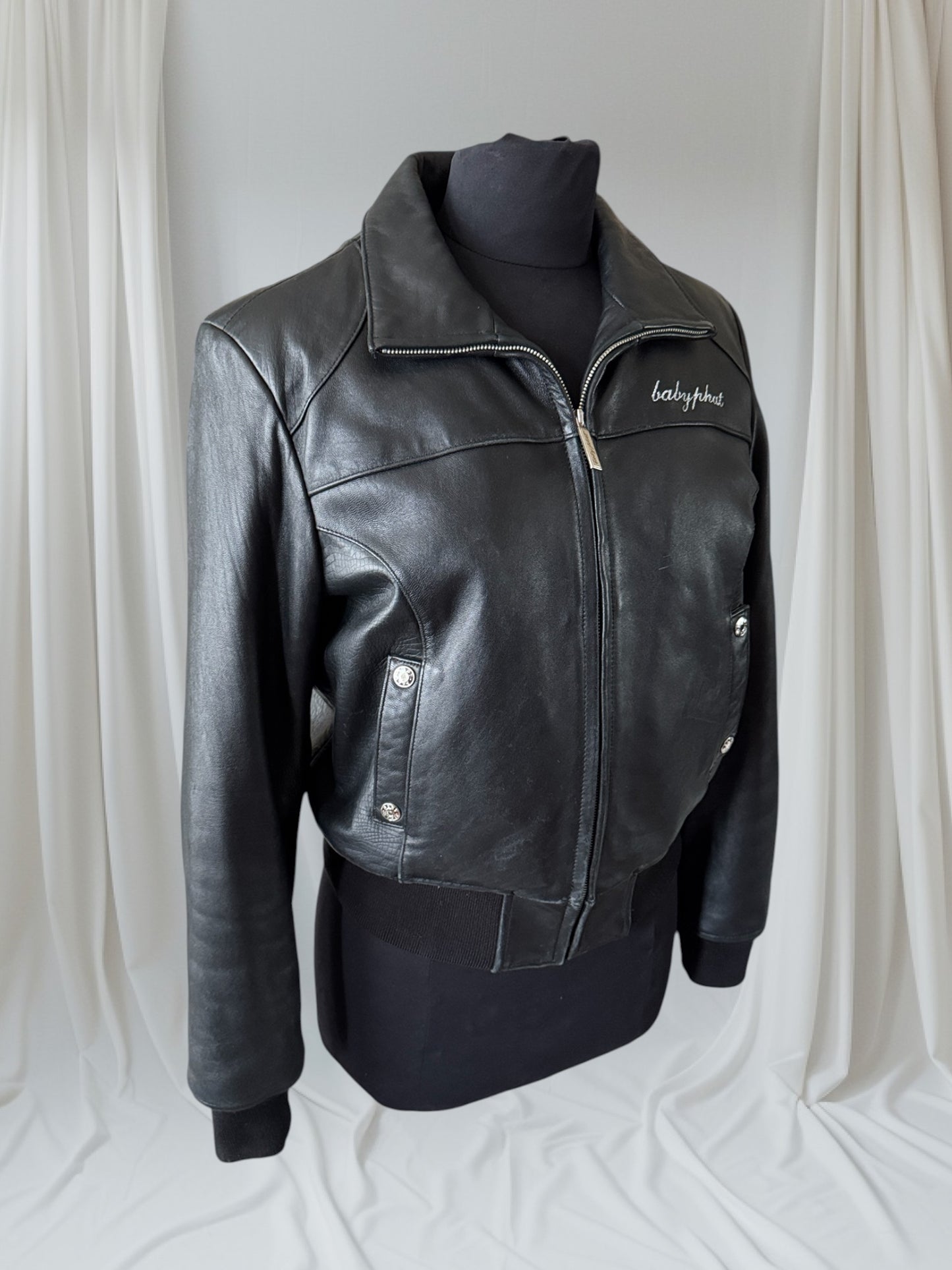 Women's Leather Vintage Y2K Bomber Jacket, M