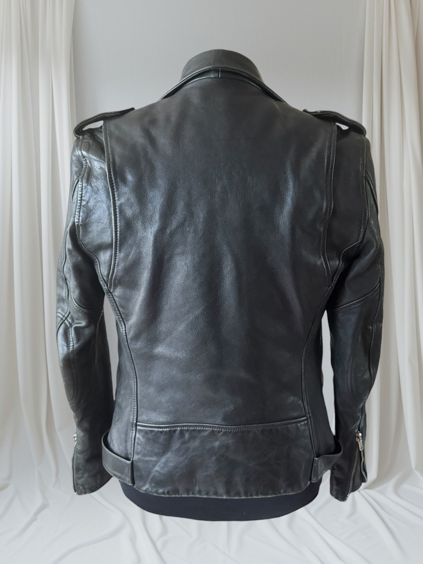 Men's Vintage High-Quality Black Leather Motorcycle Jacket, S