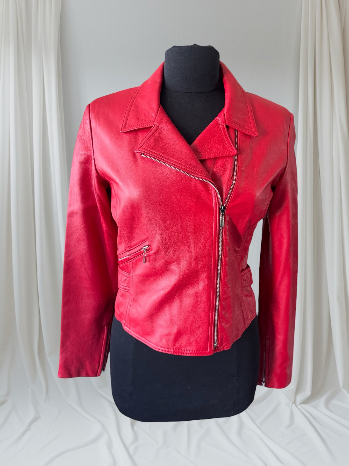 Red Leather Women's Motorcycle Jacket, Size S
