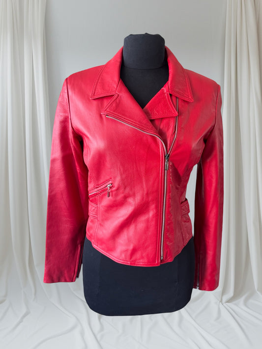 Red Leather Women's Motorcycle Jacket, Size S
