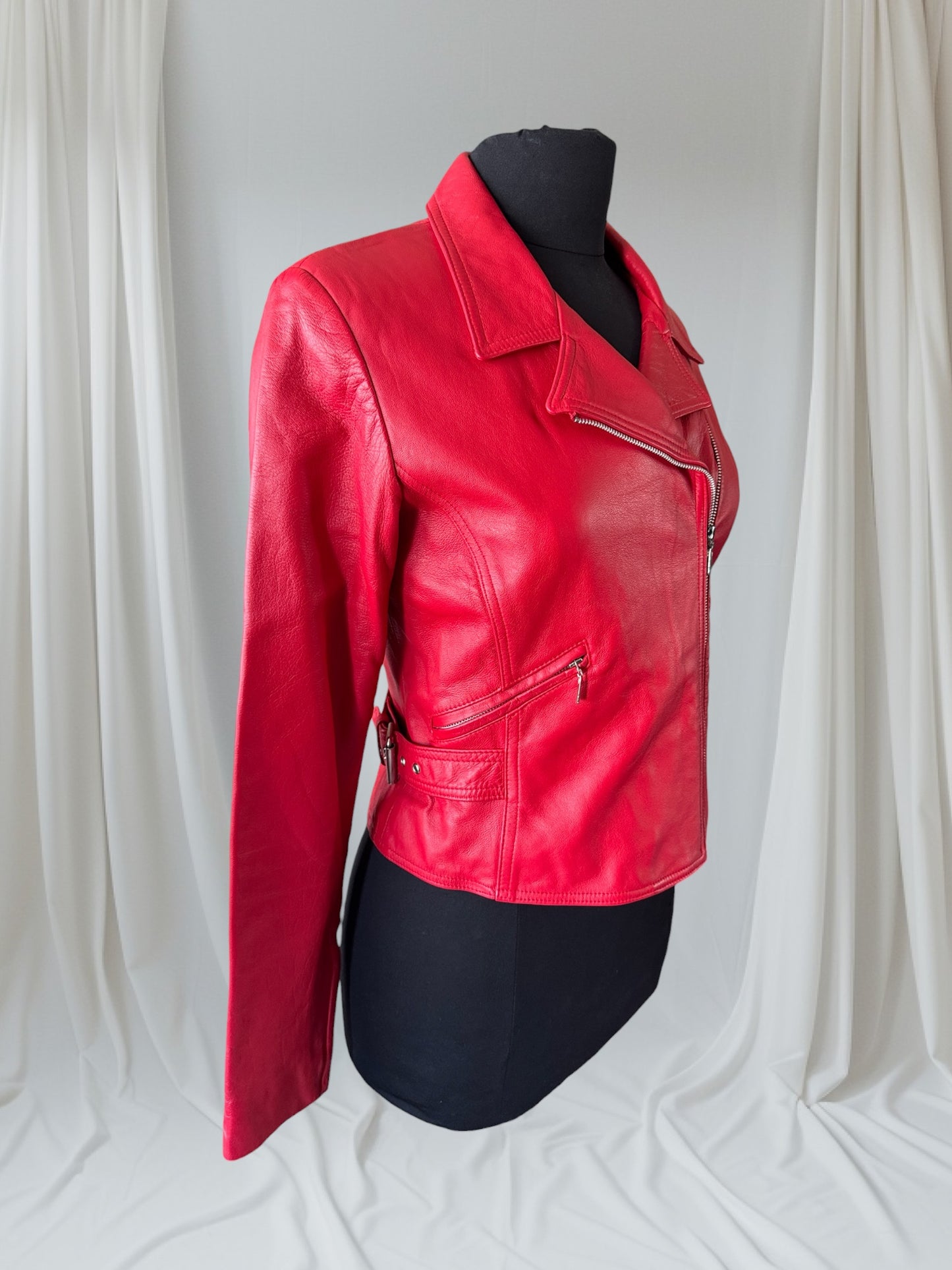 Red Leather Women's Motorcycle Jacket, Size S