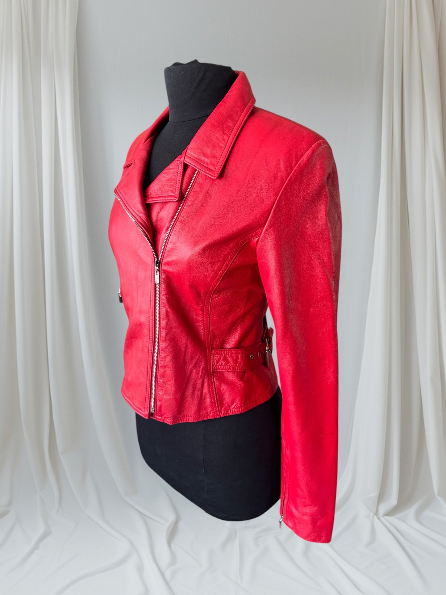 Red Leather Women's Motorcycle Jacket, Size S
