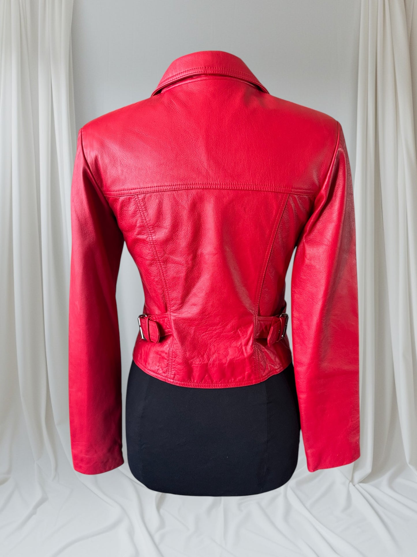 Red Leather Women's Motorcycle Jacket, Size S