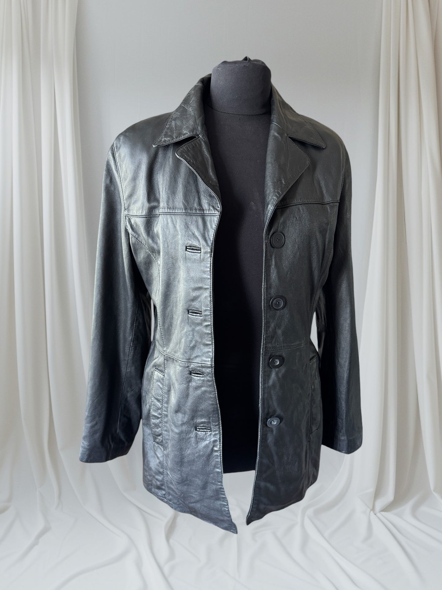 Black Leather Women's Y2K Vintage Trench, Size M