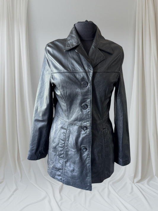 Black Leather Women's Y2K Vintage Trench, Size M