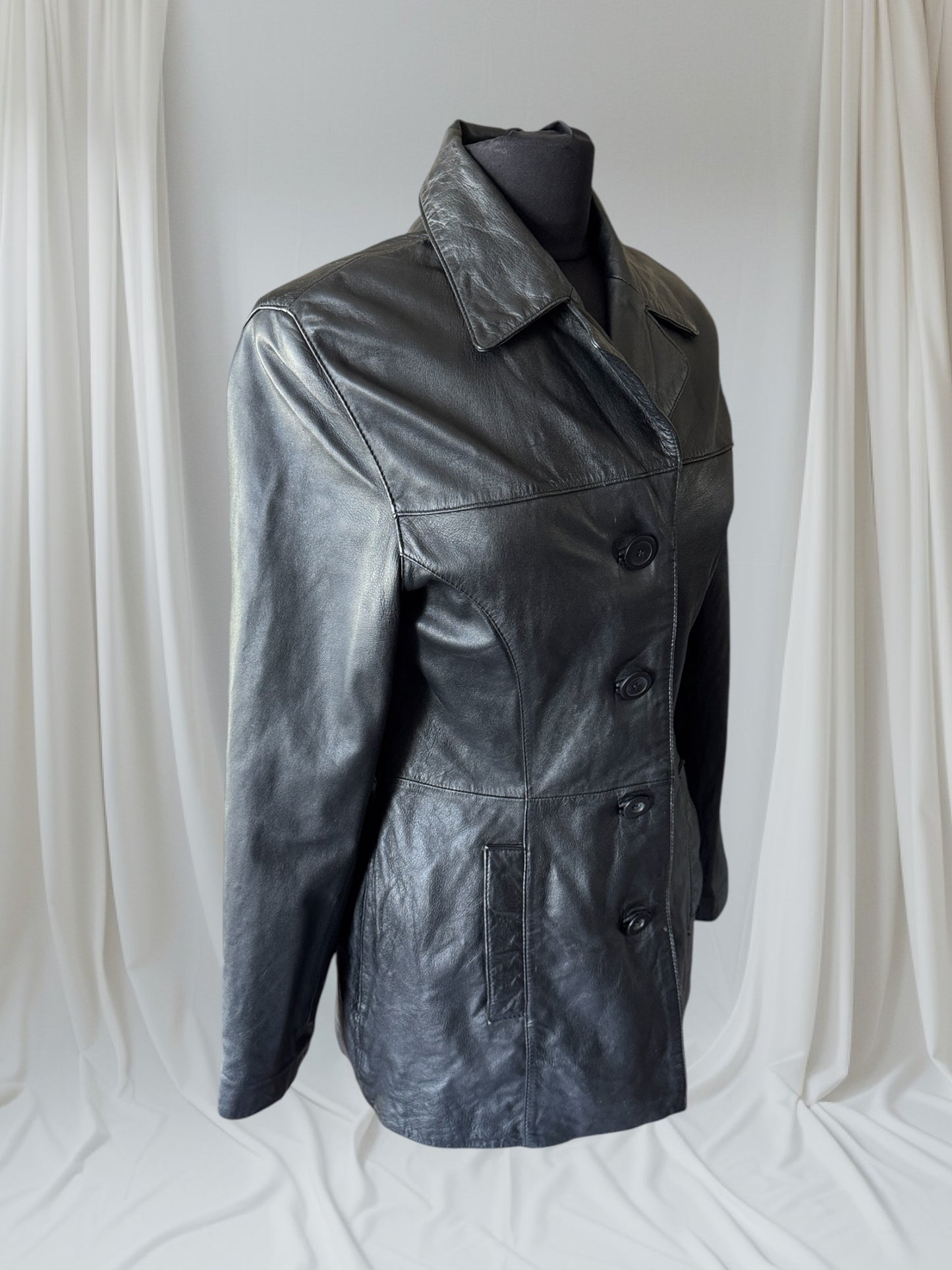 Black Leather Women's Y2K Vintage Trench, Size M