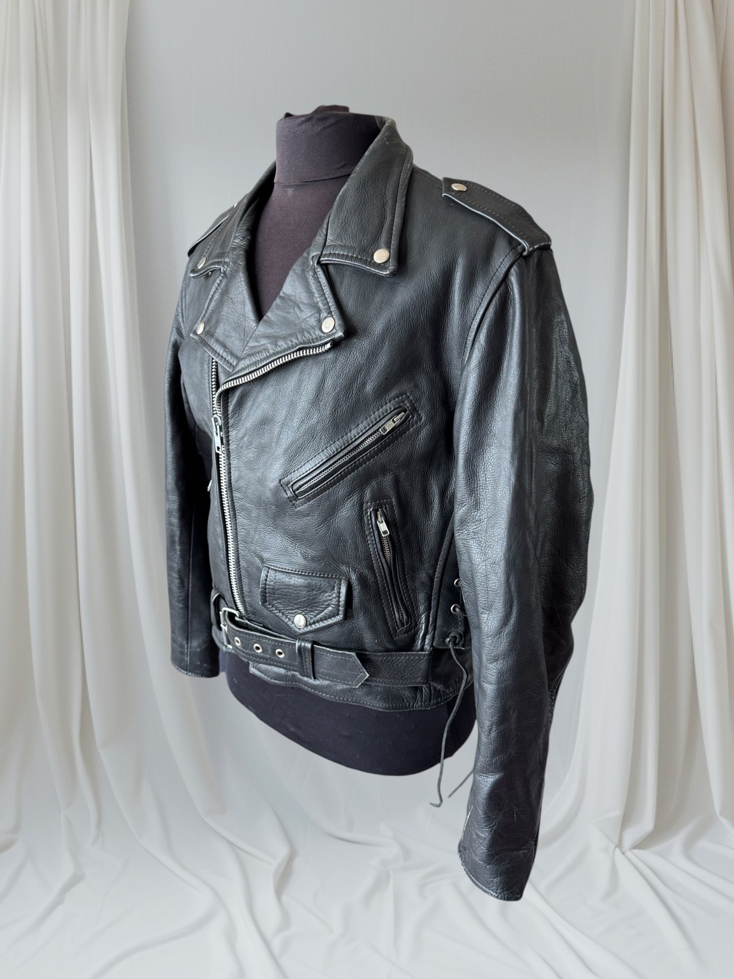 Men's Vintage Black Leather Motorcycle Jacket, L 42