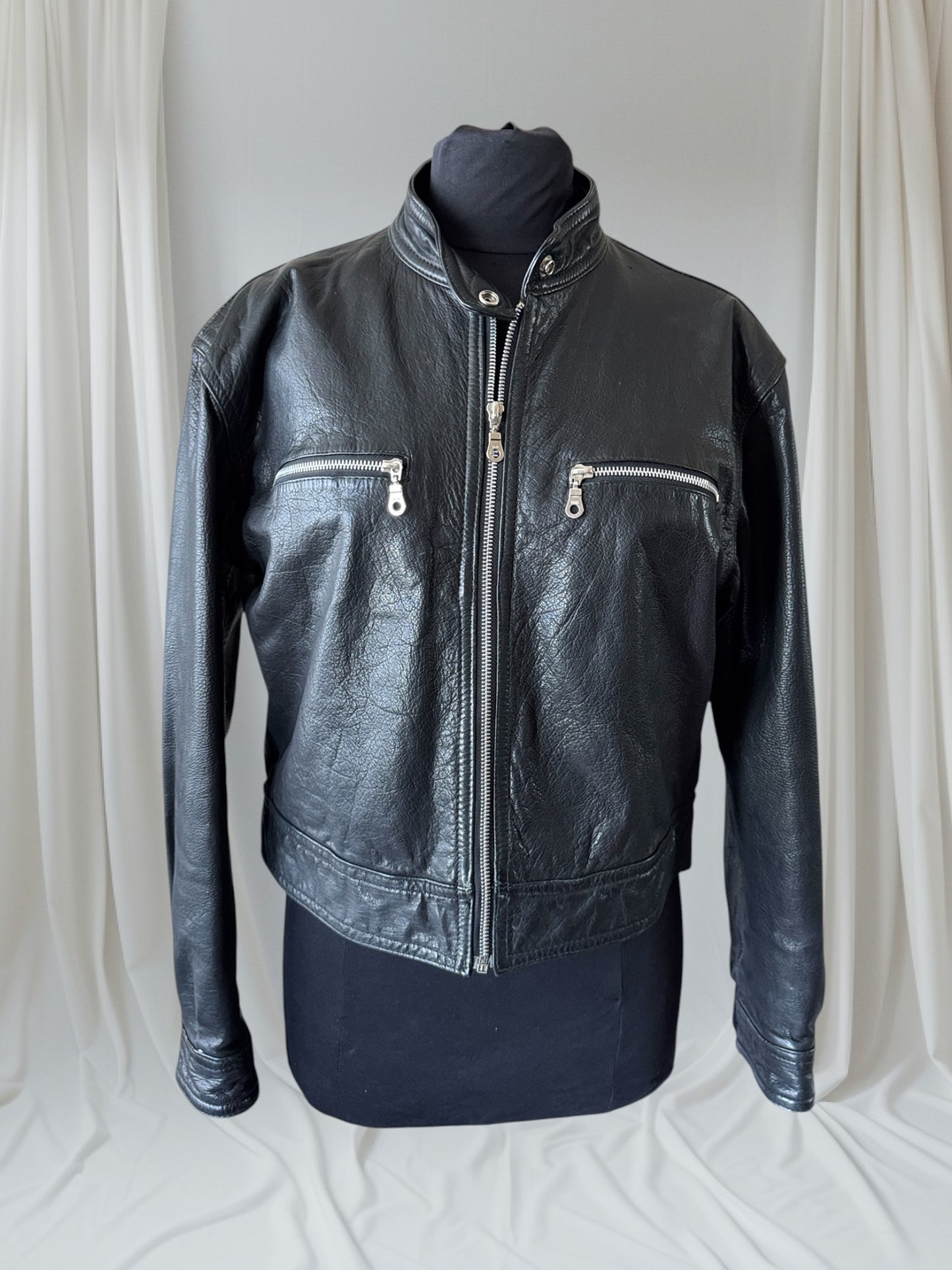Women's Leather Cafe Racer Motorcycle Jacket, Large