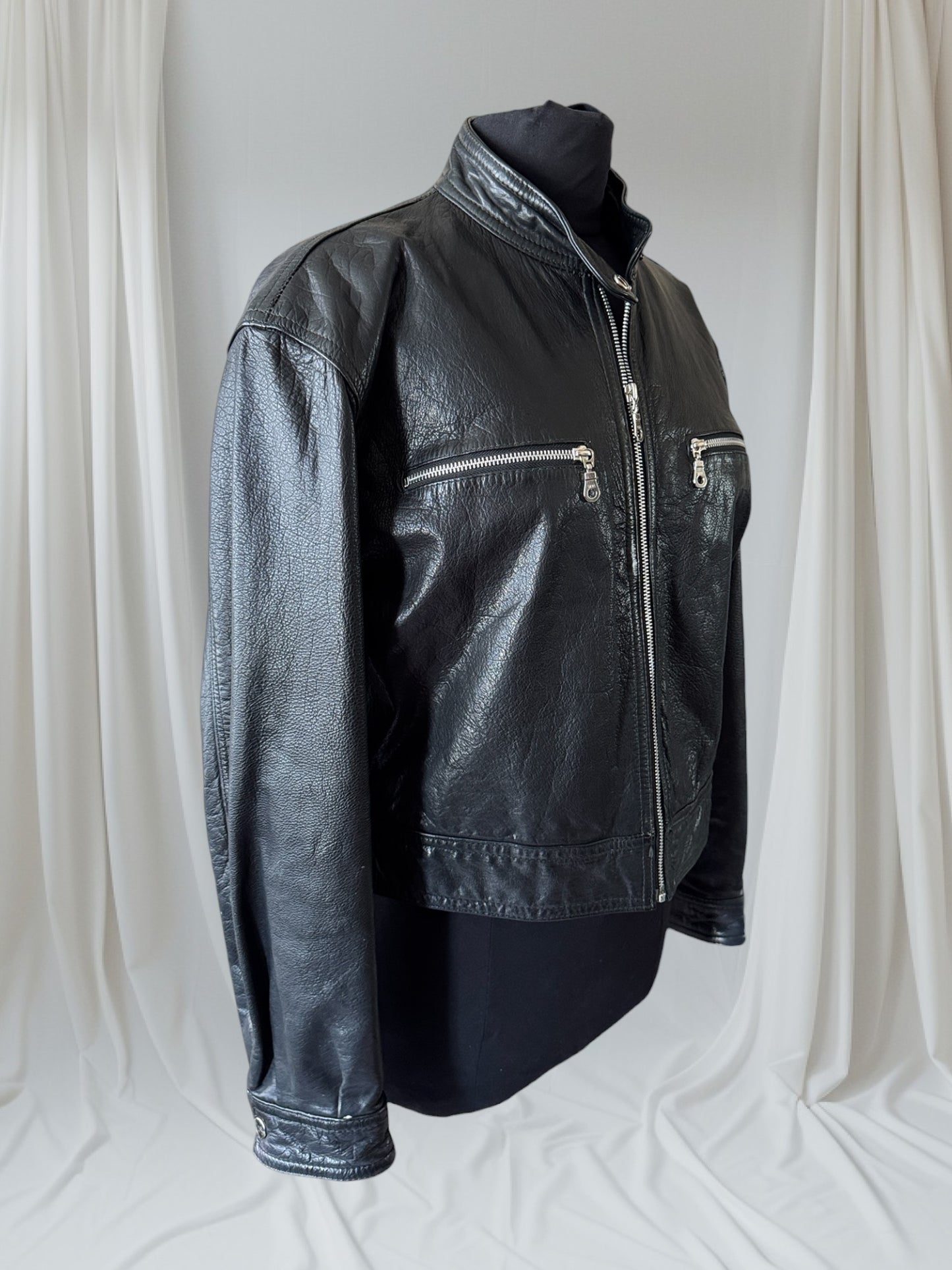 Women's Leather Cafe Racer Motorcycle Jacket, Large