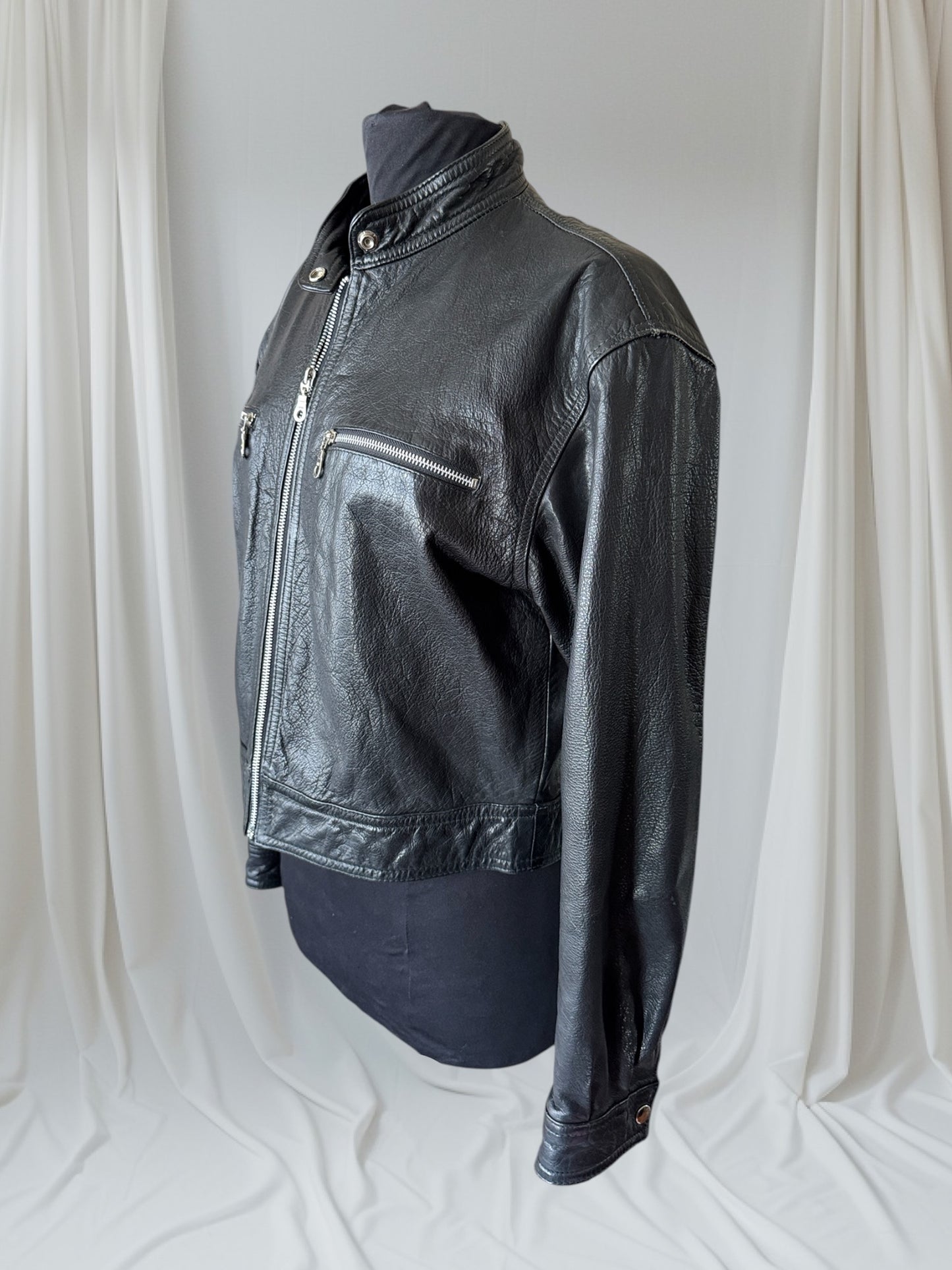 Women's Leather Cafe Racer Motorcycle Jacket, Large