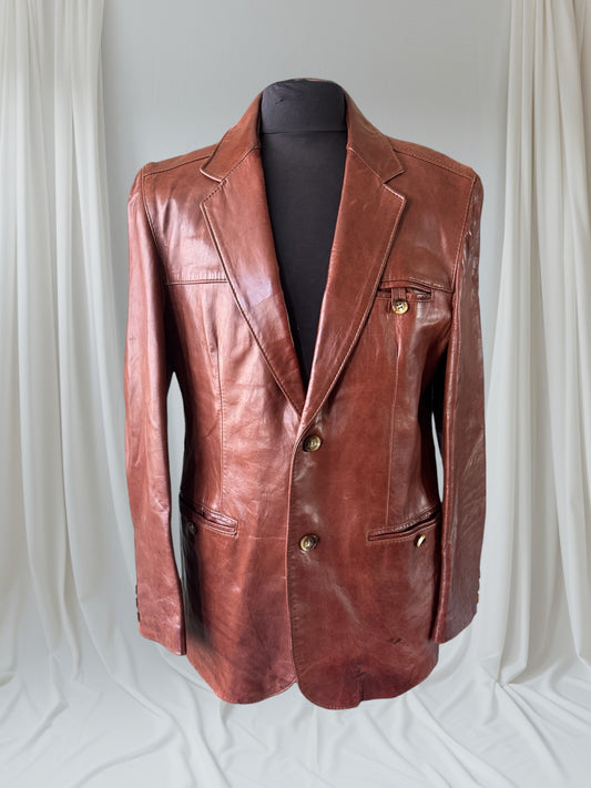 Men's 1970's Brown Leather Blazer Jacket, XL 44