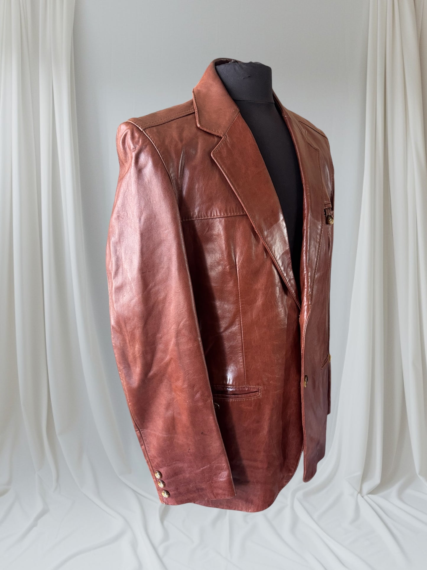 Men's 1970's Brown Leather Blazer Jacket, XL 44