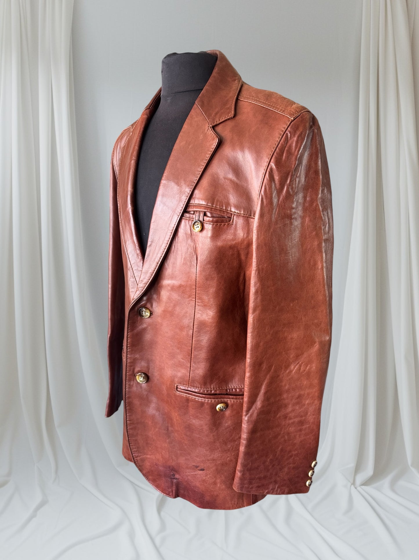 Men's 1970's Brown Leather Blazer Jacket, XL 44