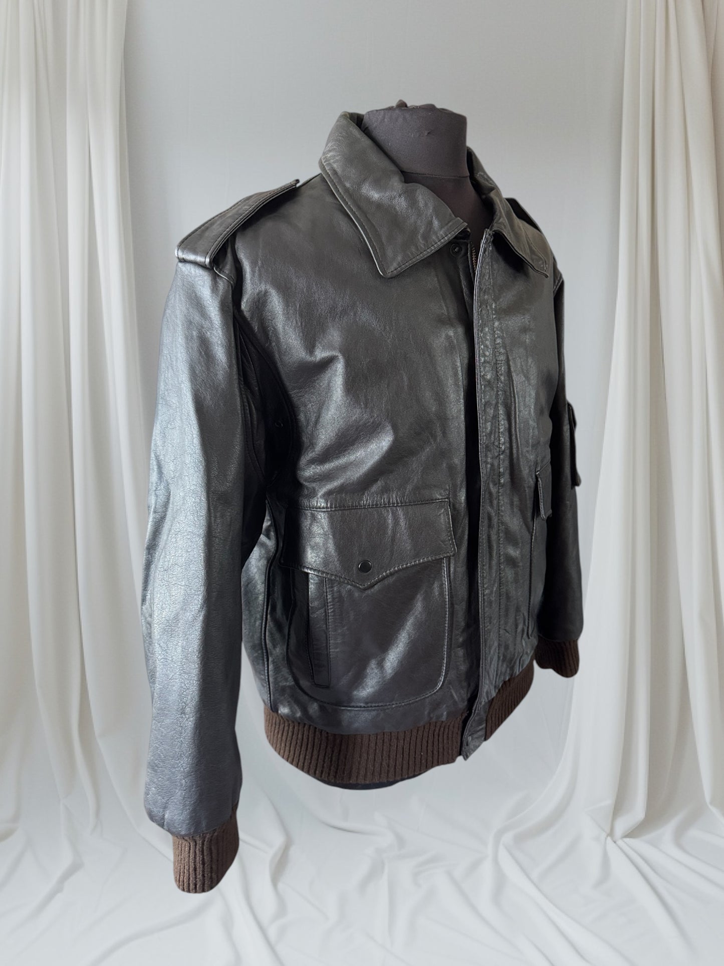 Vintage Men's Dark Brown Leather Bomber Jacket, XL, 46