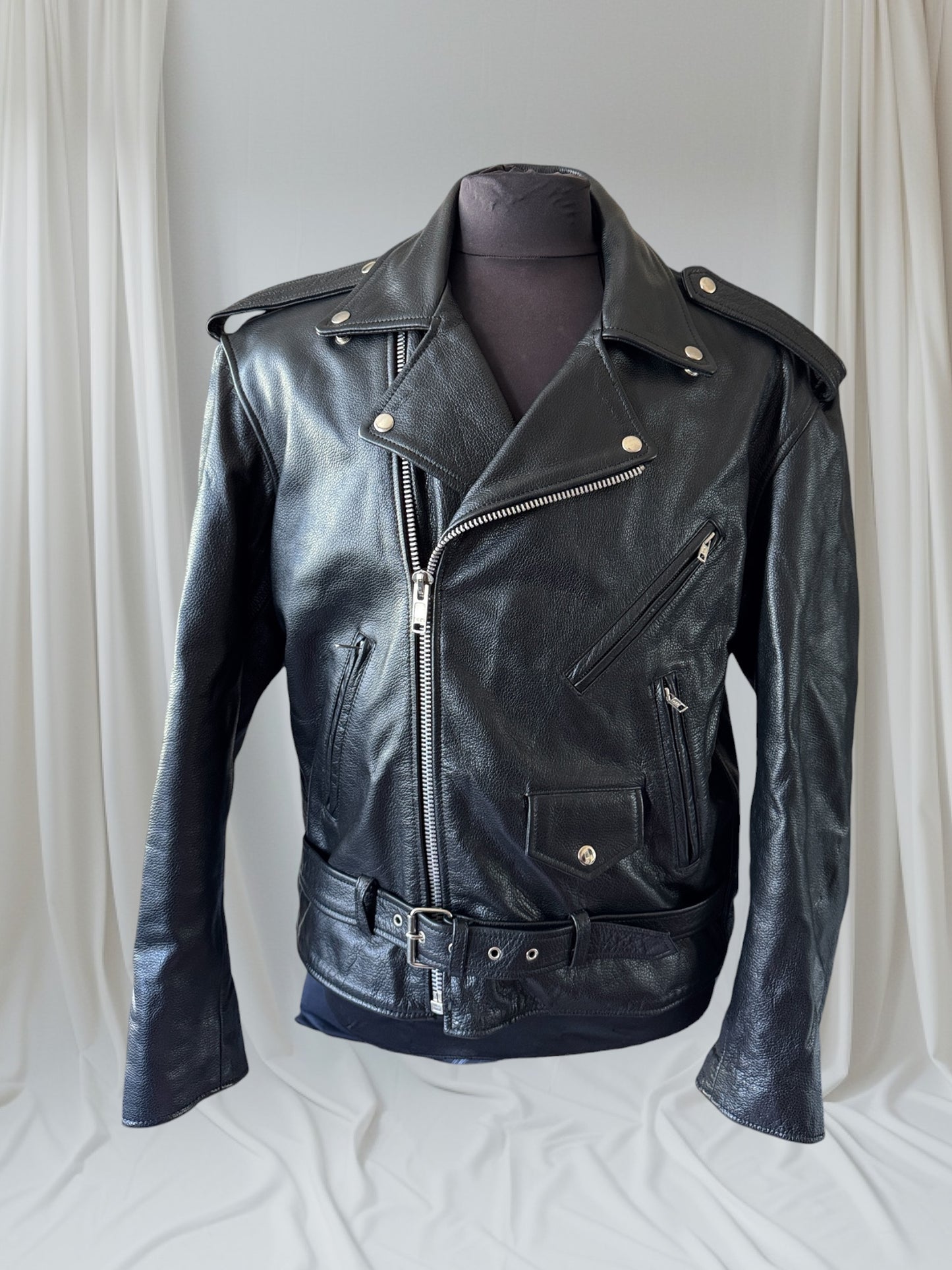 Men's Vintage Black Leather Motorcycle Jacket, 42, L
