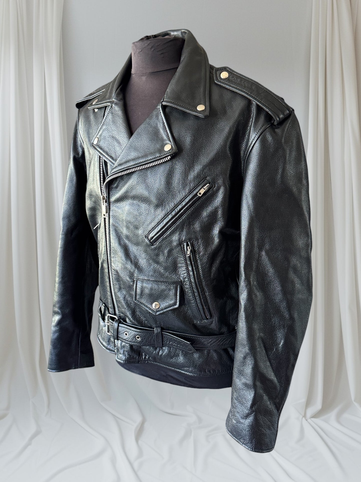 Men's Vintage Black Leather Motorcycle Jacket, 42, L