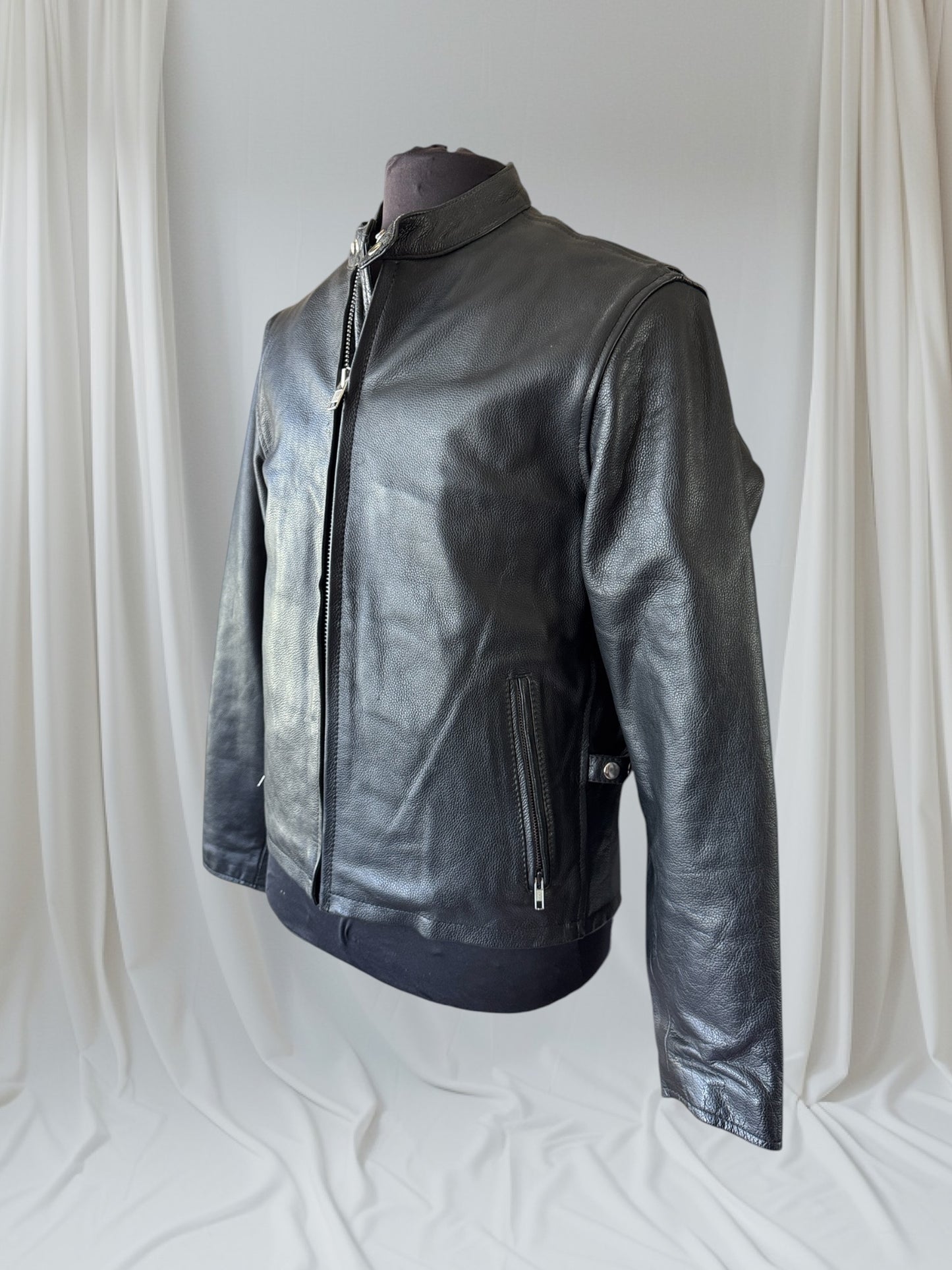 Men's Vintage Black Leather Cafe Racer Jacket, M