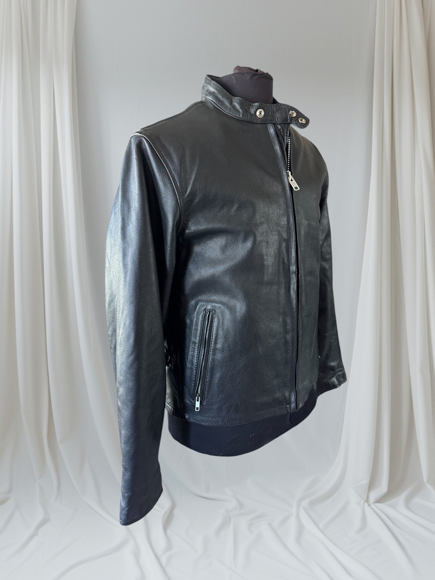 Men's Vintage Black Leather Cafe Racer Jacket, M