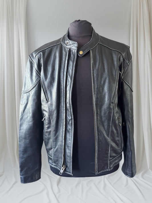 Men's Vintage Black Leather Cafe Racer Jacket, M with Skull back