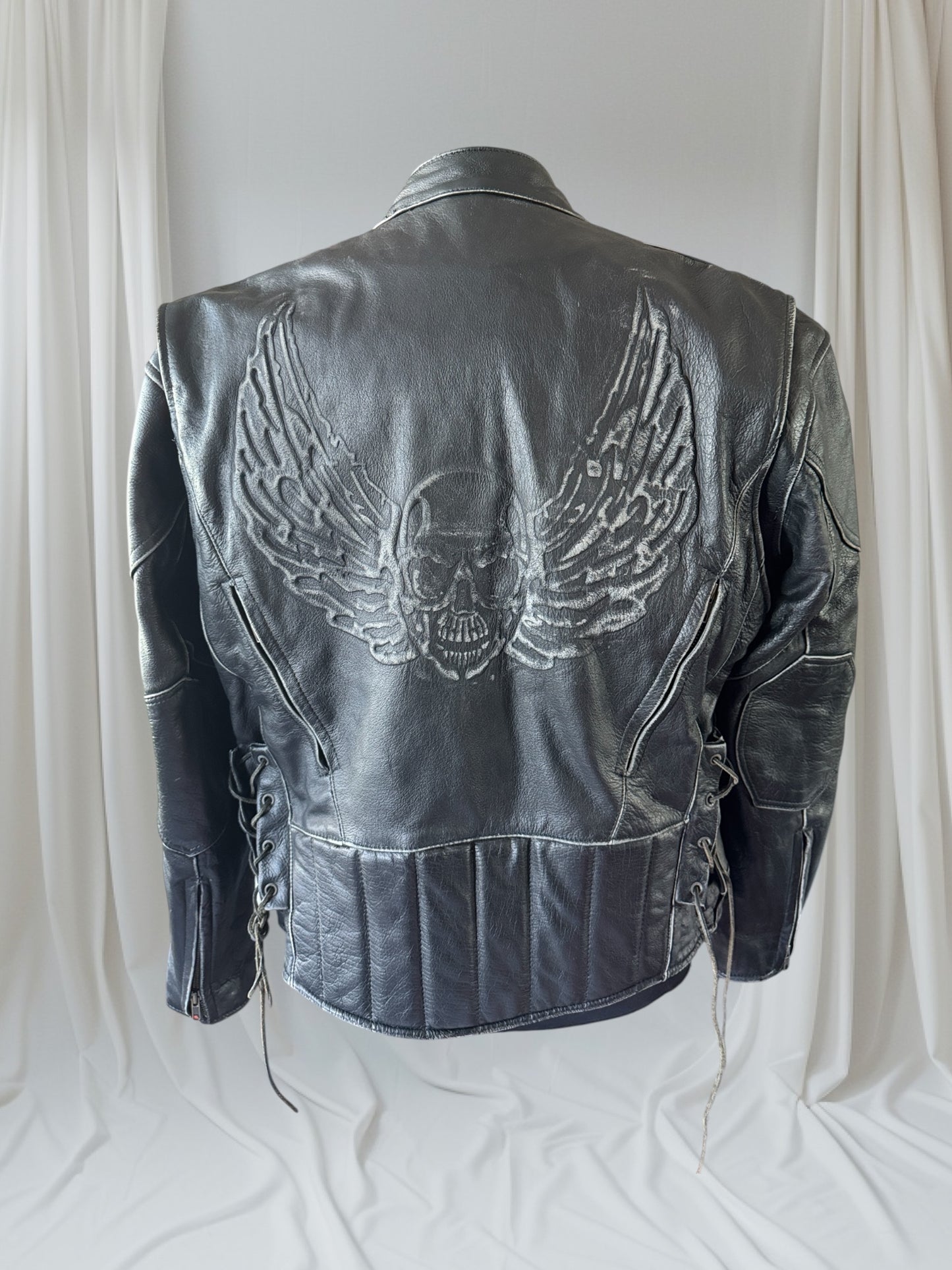Men's Vintage Black Leather Cafe Racer Jacket, M with Skull back