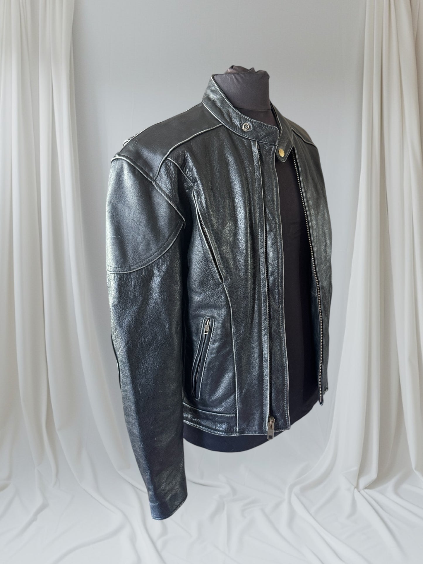 Men's Vintage Black Leather Cafe Racer Jacket, M with Skull back