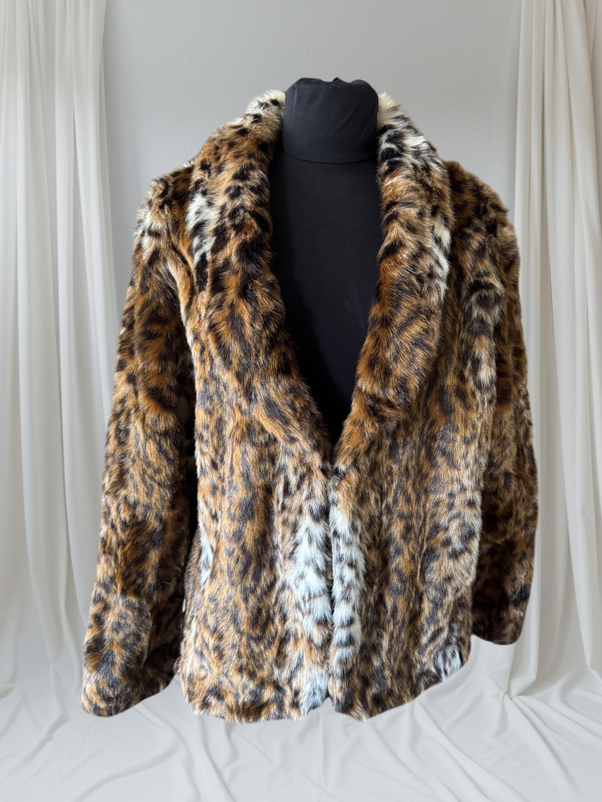 Leopard Print Faux Fur Coat, XL