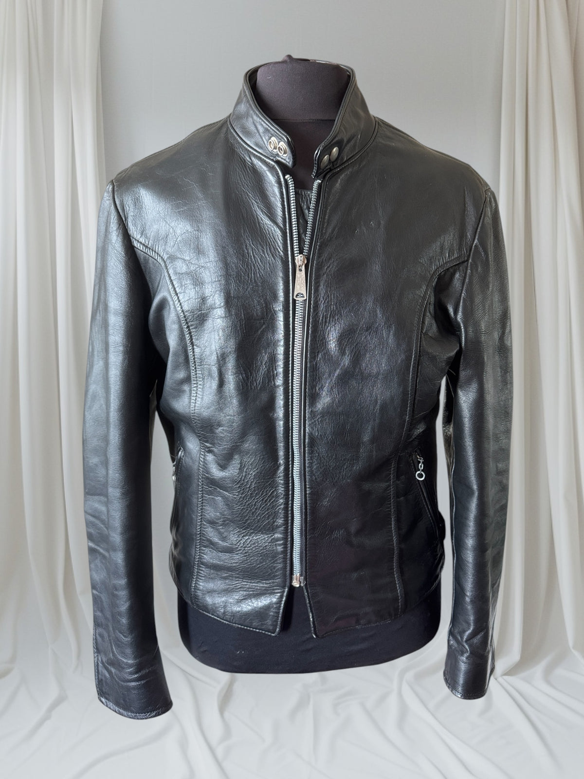 Men's Vintage Black Leather Cafe Racer Jacket, L 42