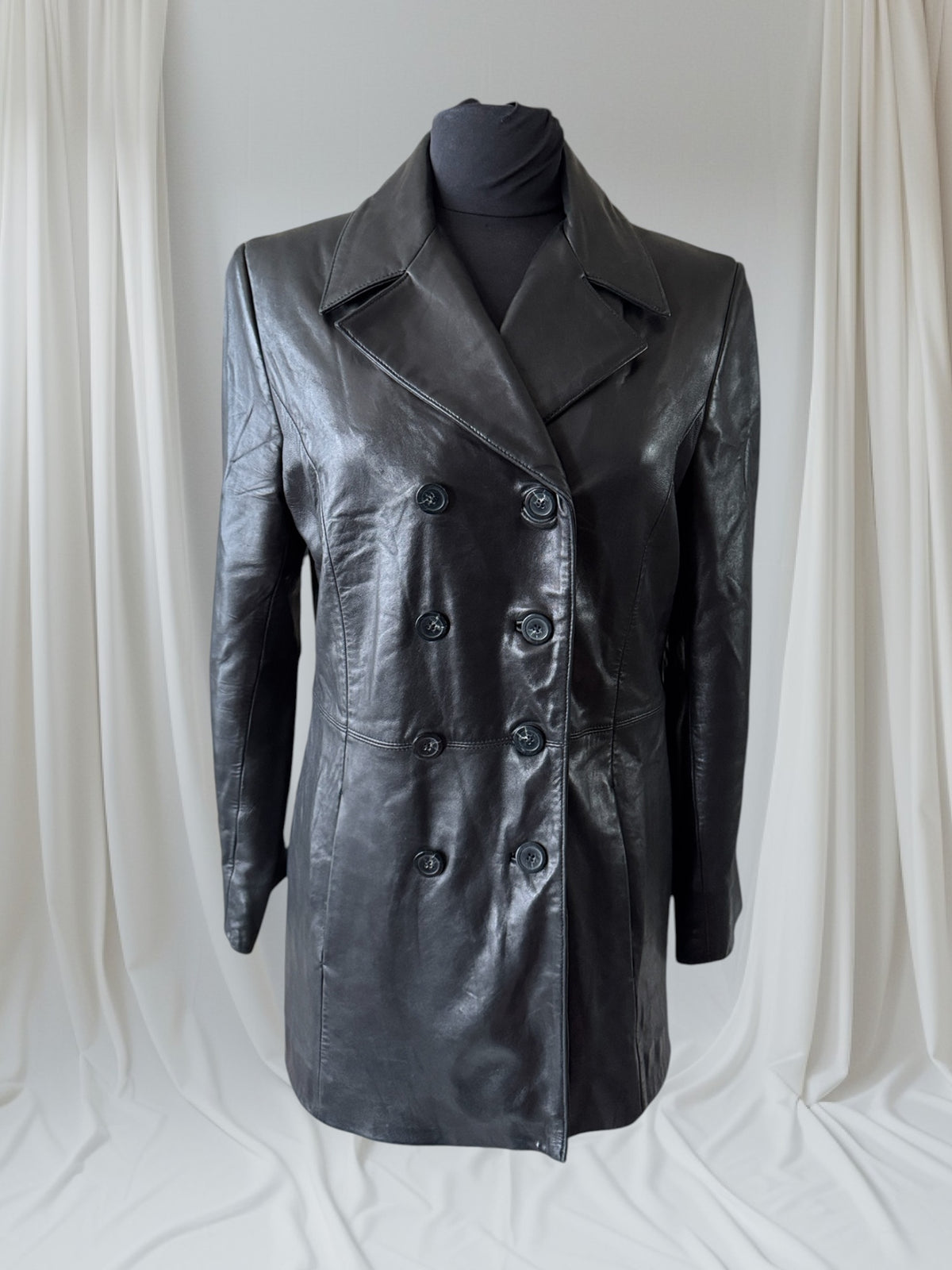 Black Leather Women's Y2K Vintage Trench, Size S
