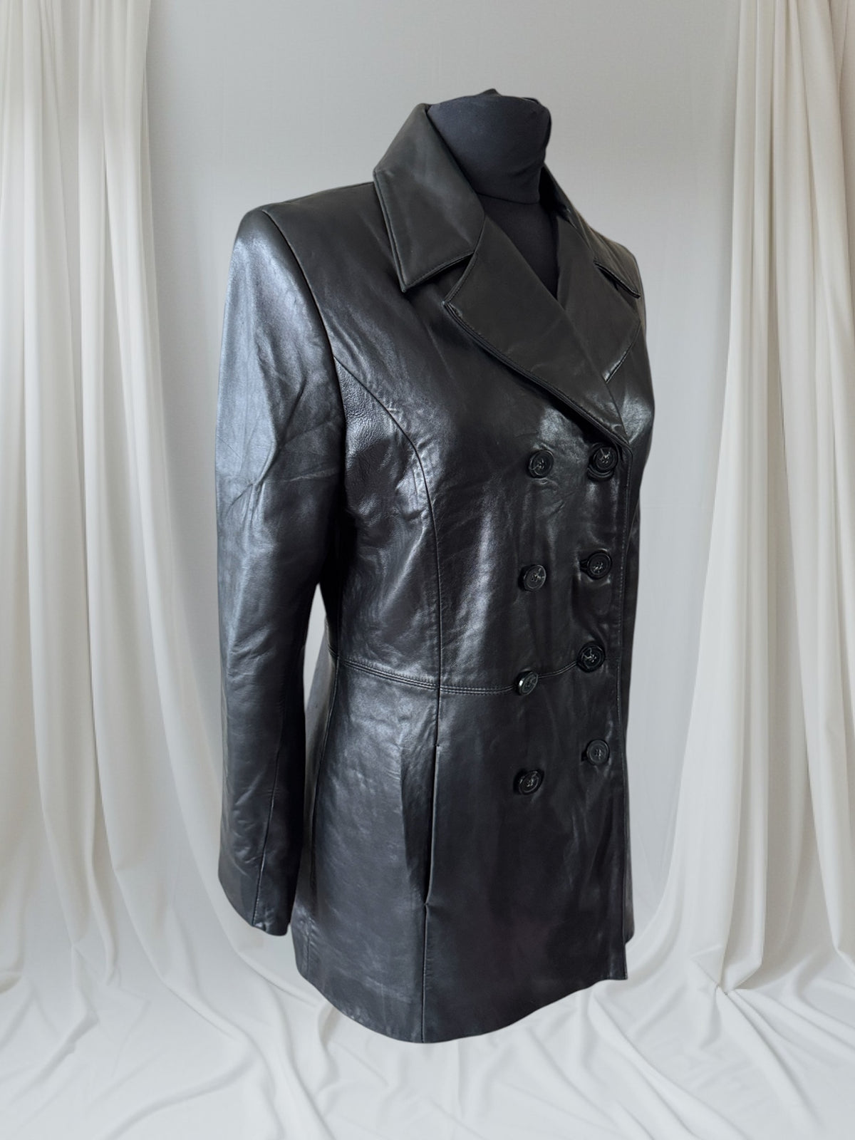 Black Leather Women's Y2K Vintage Trench, Size S