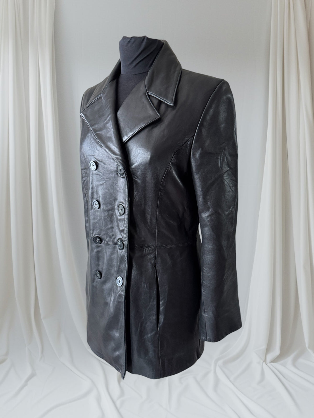 Black Leather Women's Y2K Vintage Trench, Size S