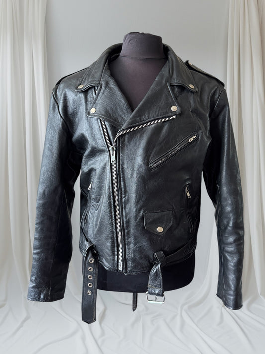 Men's Vintage Black Leather Motorcycle Jacket, XL 44