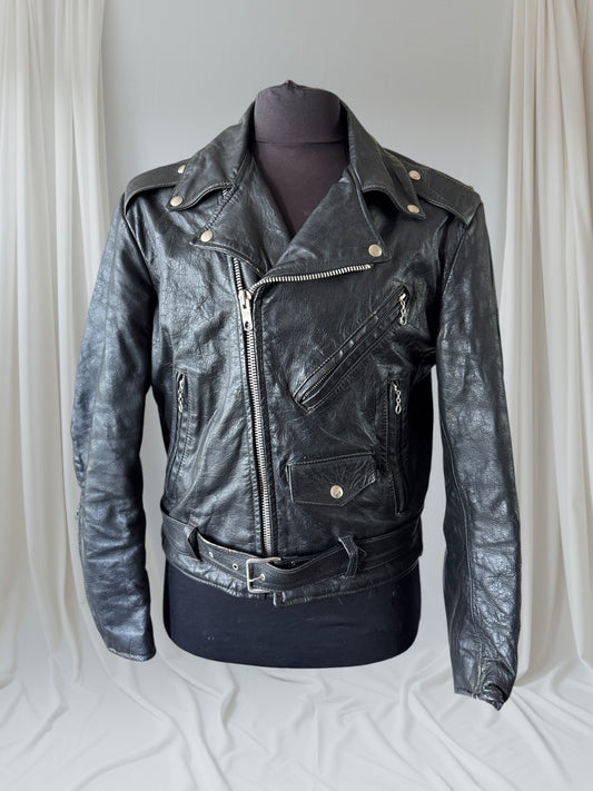 Men's Vintage Black Leather Motorcycle Jacket, M 40