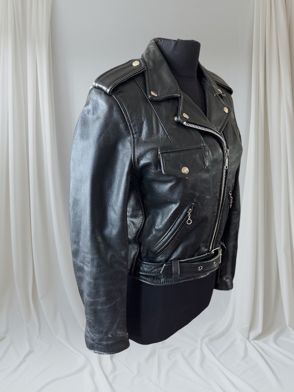 Women's Vintage 1980s Leather Motorcycle Jacket, M