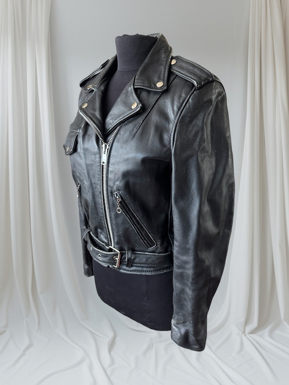 Women's Vintage 1980s Leather Motorcycle Jacket, M