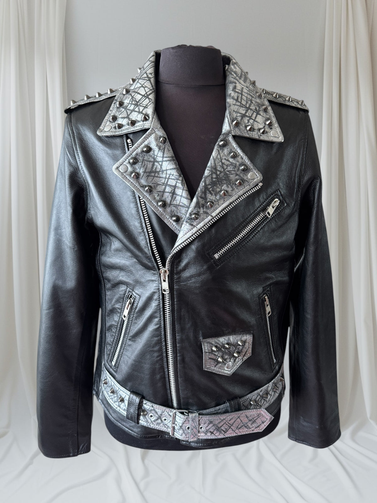 Studded Lambskin Leather Studded Motorcycle Jacket, XL (Slim Fit)