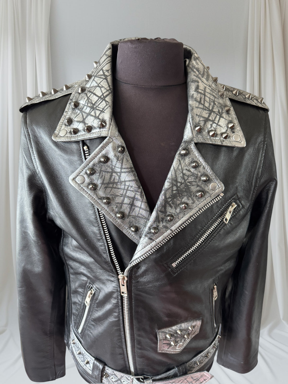 Studded Lambskin Leather Studded Motorcycle Jacket, XL (Slim Fit)
