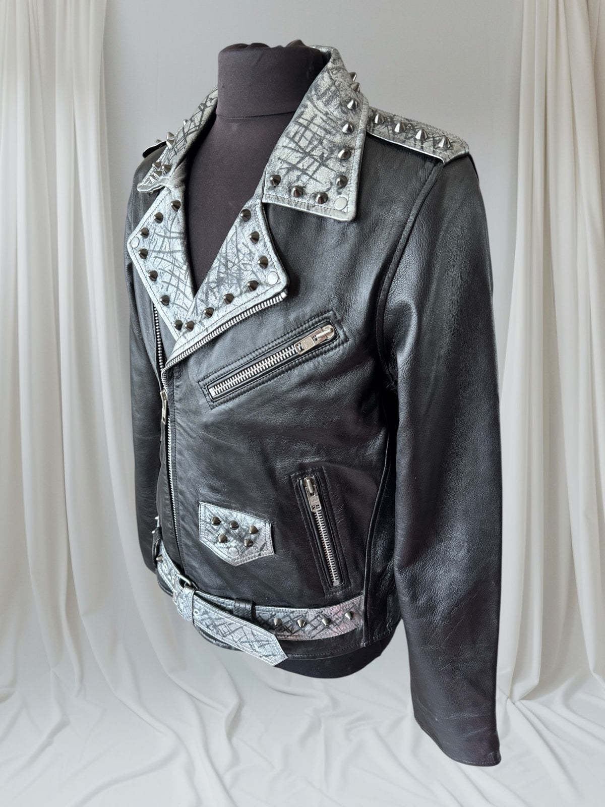 Studded Lambskin Leather Studded Motorcycle Jacket, XL (Slim Fit)